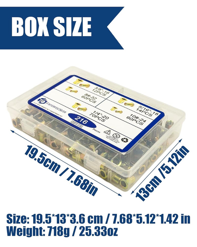ELEFOCUS SAE 216Pcs Rivet Nut Assortment Kit Carbon Steel, Yellow Zinc Plated, Various Sizes #8-32, #10-24, 1/4"-20, 3/8"-16, 5/16"-18 UNC Rivet nut Threads - Image 5